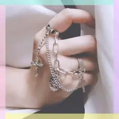 シルバー チェーン リング 指輪 十字架 クロス メンズ 銀 韓国 パンク 地雷