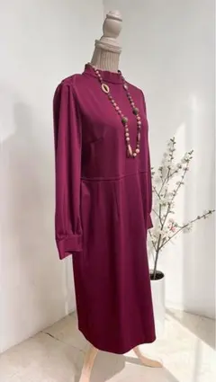 ワインレッド 長袖 Aラインワンピース ネックレス付き、大きいサイズ