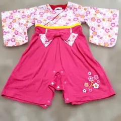 ベビー用袴ロンパース花柄リボン付きピンクドレス　百日祝　節句祝