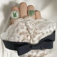 ぷっくりハート＆ラビットリングセット(宝石グリーン)