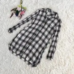 『GU』ジーユー　長袖チェックシャツワンピース　膝丈　前開き　フロントボタン　L