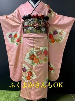 桜ピンクに地紙と金駒牡丹　振袖成人式7点フルセット　ふくよかさんもOK