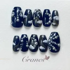 【ネイルチップ現品】夜空 パール ネイビー ゴールド 雲 月 10個セット