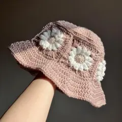 ハンドメイド バケットハット クロシェハット フラワーモチーフ ピンク y2k