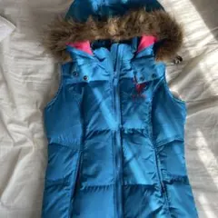 ファー付きフード 青 ダウンベスト