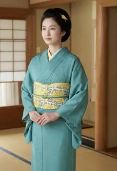 【新品・しつけ付き】上質な色無地　青緑ターコイズ化繊　洗える着物　身丈149cm