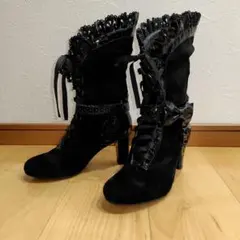 ブーツ スエード 黒 リボン 編み上げ L