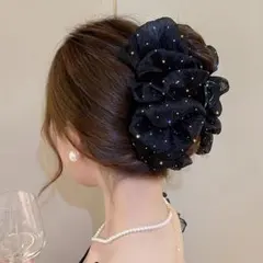 ヘアクリップ バンスクリップ 黒 ラメ シフォン ヘアアクセサリー 大きめ