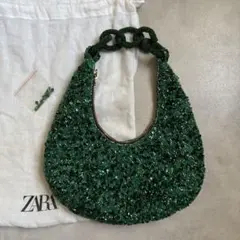 【新品未使用】ZARA グリーン ビーズパーティーバッグ