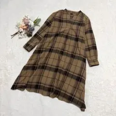 【ユニクロ】フランネルAラインワンピース(長袖) チェック ひざ丈 ベージュ S