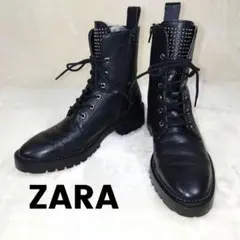 ZARA ザラ スタッズ付き レースアップ ブラック レザー ブーツ