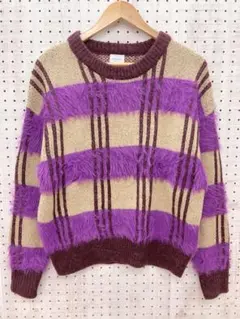 ROSE BUD チェック柄 クルーネック フリンジ ファー風ボーダー ニット