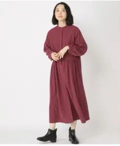 スタディオクリップ　ウエスト切替コールワンピース ボルドー