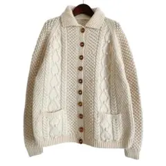 海外古着 ハンドニット フィッシャーマンニット カーディガン 襟付き 生成り