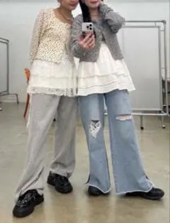 カスタネ　花柄カーディガングレー