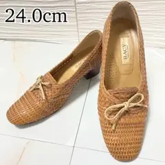 極美メッシュ✨編み込み パンプス 24cm キャメル 日本製 リボン 太ヒール