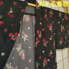 洗える着物 単衣 小紋 黒地 苺柄 いちご柄