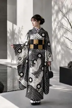 正絹 振袖帯セット モノトーン鶴梅流水紋刺繍 パールトーン済み美品 成人式個性派
