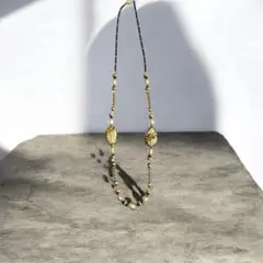 ヴィンテージ風 ベネチアンガラス調 ロングネックレス 金箔 ゴールド×ブラック