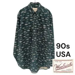 希少・美品　USA製 90s Wool rich 魚柄 ボタンダウンシャツ