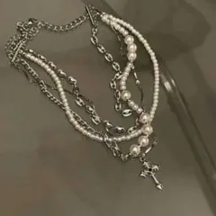 【匿名配送】十字架　チェーン　パール　4連シルバーネックレス