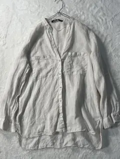 ZARA リネンシャツ　ベージュ　Vネック　ロールアップ袖 スキッパーシャツ