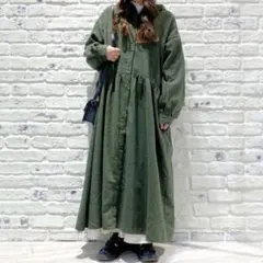 Samansa Mos2【リサイクルヤーン】柄アソートシャツワンピース　グリーン