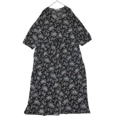 花柄2wayロングワンピース 黒 Vネック ウエスト紐前開き羽織