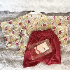 ベビー袴 ロンパース 女の子 花柄 マスタード レッド 70㎝