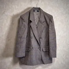 テーラードジャケット　チェック柄　レディース　ミディ丈　ウール　金ボタン　総裏