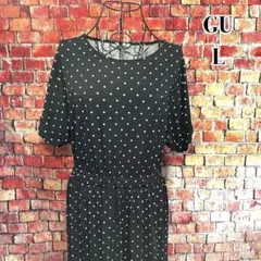 GU☆ドットプリントワンピース　ロング丈　ドット柄　半袖　ブラック　L
