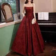 花柄　ボルドー ロングドレス ベアトップ ジャガード