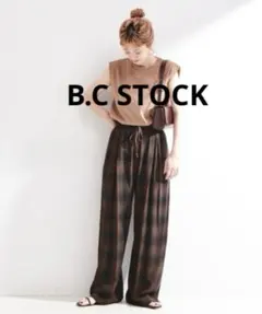 B.C STOCK/ベーセーストック ダブルベルトチェックパンツ ブラウン Mのサムネイル