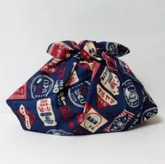 あずま袋＊小さめ・マチ付き〈レトロ看板　紺〉エコバッグ、お弁当袋 ハンドメイド