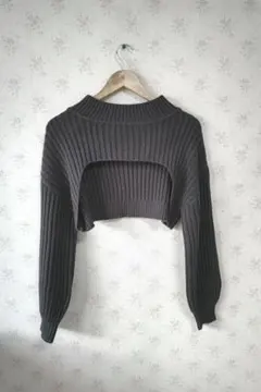 ☆グレイル リブ編み ダークグレーハイネック クロップド ニット セーター S☆