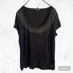 J1035 エスカーダ ビジュー装飾 カットソー ブラック M Tシャツ 黒古着のサムネイル