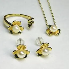【4点セット】あこや　本真珠　ネックレス リング パール　ピアス　フラワー