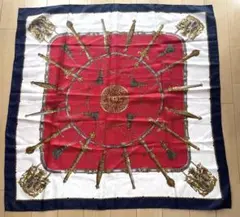 ヴィンテージレトロ大判スカーフ レッド ネイビー 未使用新品