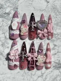 ネイルチップ　ゴテゴテ　ピンク　y2k 平成女児　リボン　ハート　魔法少女