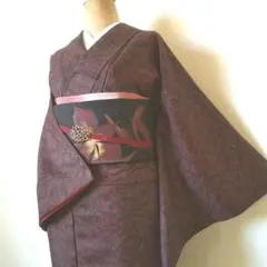 【高級化繊】小紋・花葉柄・赤茶地に黒・袷