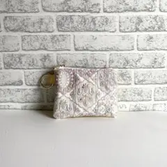 インド刺繍生地と合皮ポーチ イエロー パステル系 12cmファスナー