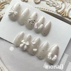 【現品】ウィッシュコア　ラメ　星ドット　ガーリー　白リボン　ネイルチップ