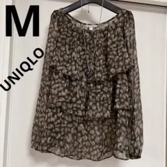 ユニクロ UNIQLO レオパード柄 フリル 長袖 プルオーバーブラウス 茶M