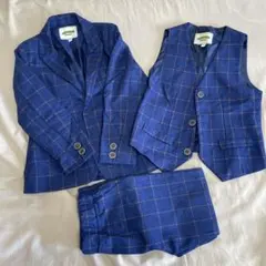 青いチェック柄スーツセット（ジャケット・ベスト・パンツ）