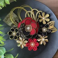 つまみ細工 髪飾り 成人式 卒業式 前撮り 赤黒金 11点セット【305】
