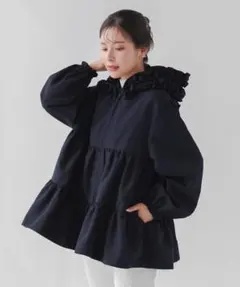 新品未使用タグ付きfitmore フリルフードティアードネイビーフリル/