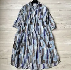 【美品】カリネ　ゆるだぼシャツロングワンピース　幾何学模様　長袖　インドコットン