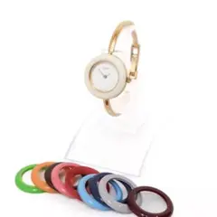 【稼働品】GUCCI チェンジベゼル ホワイト　ゴールド　クォーツ 腕時計