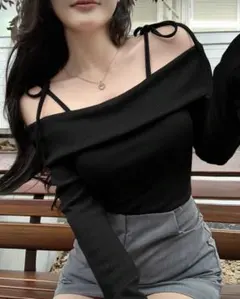 DAZYリボン オフショルダー タイフロントTシャツ ブラック JP-Lサイズ