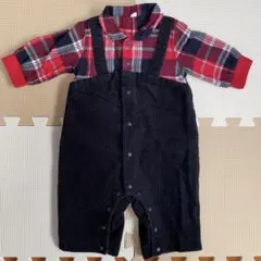 カバーオール ロンパース 70 重ね着風 男の子 チェック赤 紺